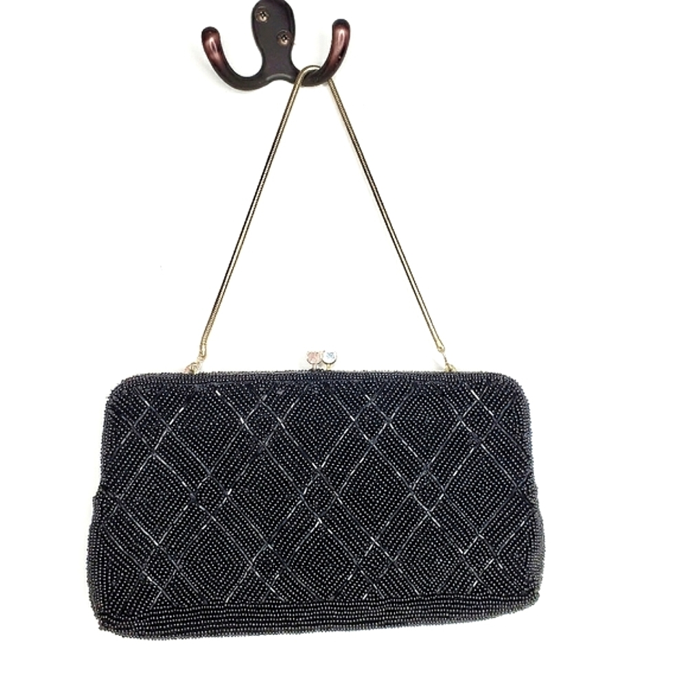 Vintage black beaded purse with snake chain strap